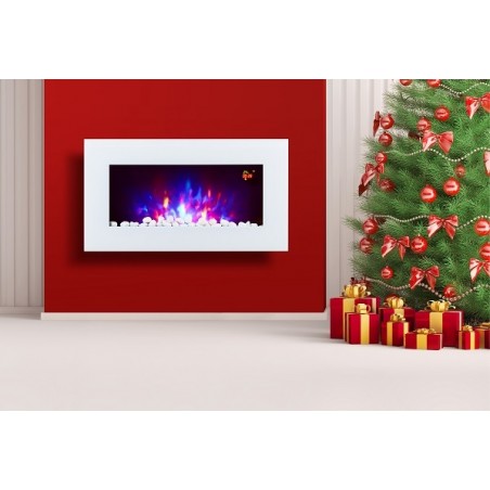 TruFlame 72cm wide white flat glass wall mounted electric fire with logs and pebbles